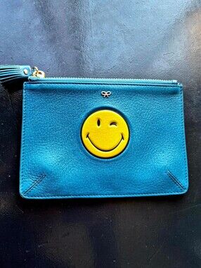 Anya Hindmarch Blue Winky Smiley Pouch with Leather Tassel And Gold Hardware